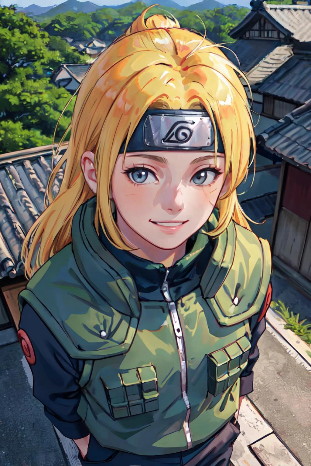 joninvest,forehead protector,rooftop, from above, japanese village, naruto, nature, 
(best quality, masterpiece, RAW photo,ultra-detailed:1.2), 1girl,solo,looking at viewer,smile