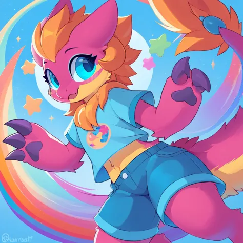 score_9, score_8_up, wickerbeast, cute, furred dragon, shorts, colorful, digital art, <lora:wickerbeast xl 1024 v1 rank128 pony_...