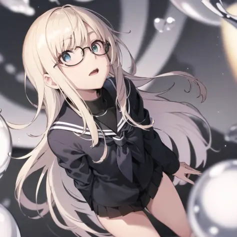 vvi\(artstyle\), 1girl, glasses, solo, black dress,round eyewear,open mouth, neckerchief, pleated skirt, black shirt, shirt, bla...