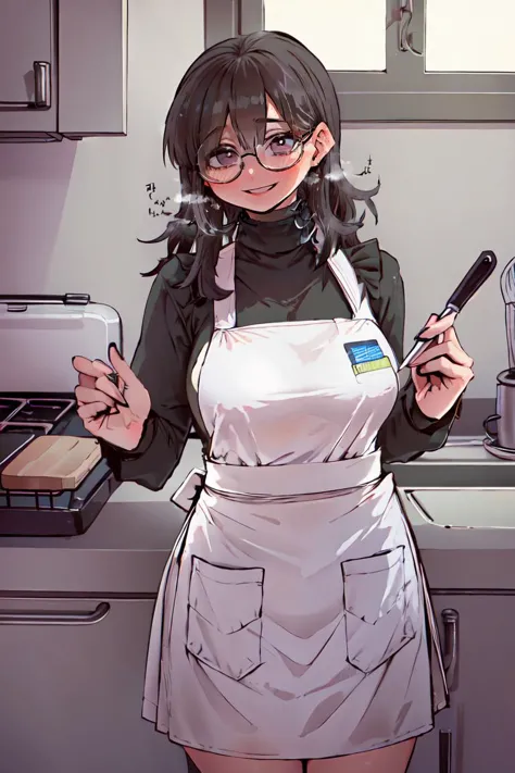 anime girl in apron holding a knife and a knife in her hand