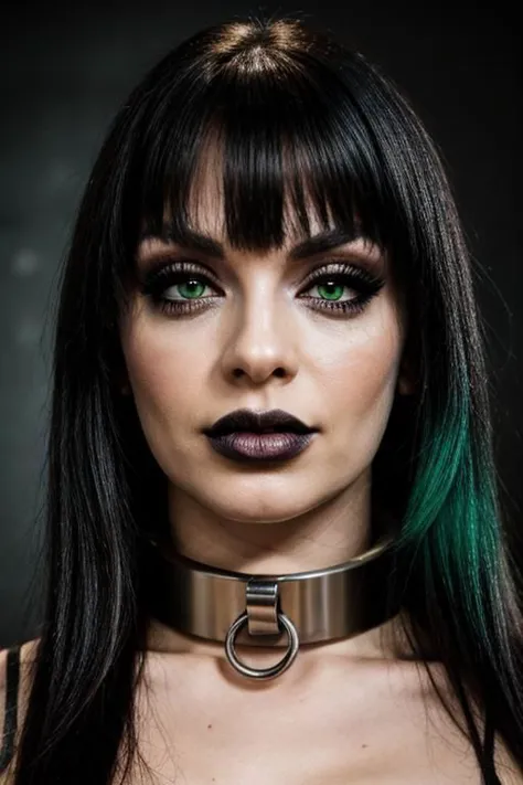 sexy gothgirl, ((brushed thick stainless steel metal collar, tightly fitted around neck)), very long black hair, ((green eyes)),...