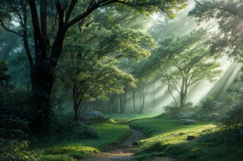a profestional picutre of  44) The Elven Forest - A vast landscape, its terrain coated in lush greenery that shimmers with magic...