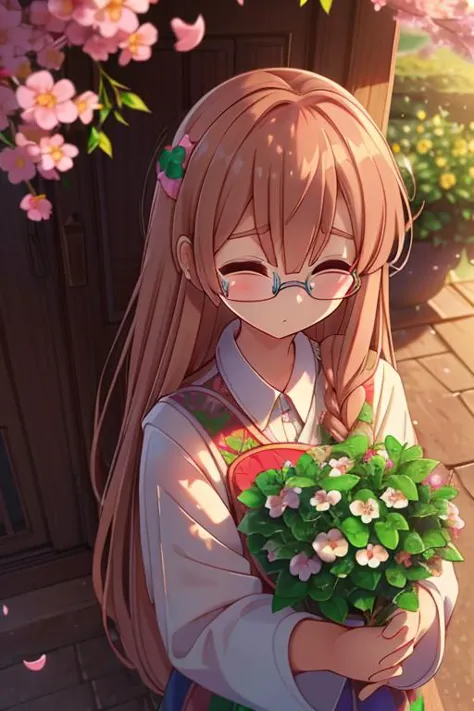 a girl with long hair holding a bouquet of flowers