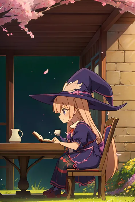 anime girl sitting at a table with a cup of coffee