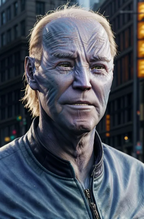 Dramatic portrait of old ((Joe Biden)) as a naavi man sad, blue skin, alien, pointy ears, freckles, yellow eyes, city street bac...