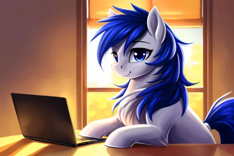 a close up of a cartoon pony sitting at a table with a laptop