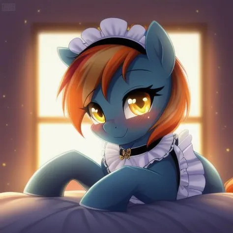 a close up of a cartoon pony laying on a bed