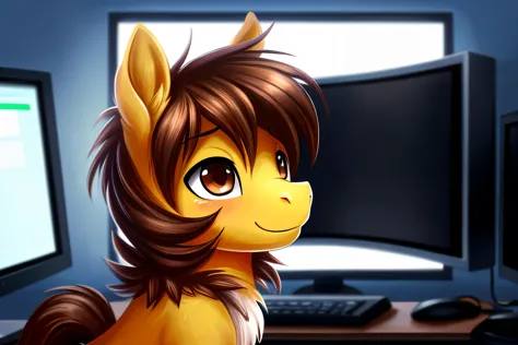 there is a cartoon pony sitting in front of a computer