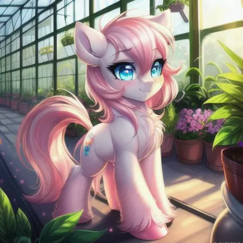 a close up of a pink pony standing in a greenhouse