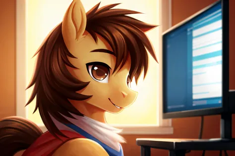 anime pony with brown hair and a scarf looking at a computer screen