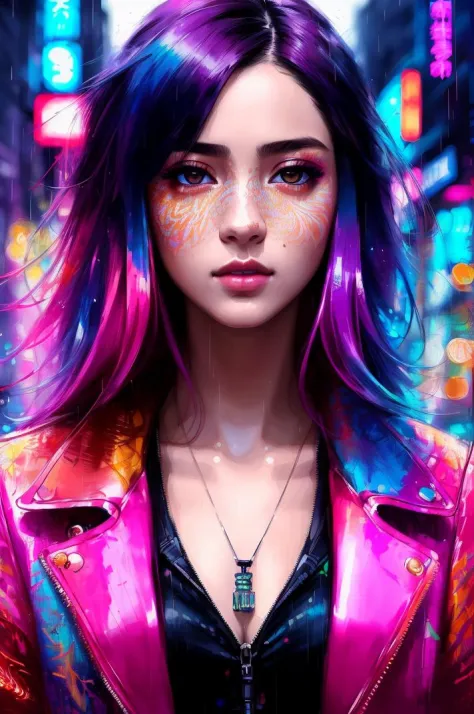 A girl wearing fancy street wear, neo tokyo, centered| intricate| highly detailed| breathtaking beauty| precise lineart| vibrant| comprehensive cinematic| Carne Griffiths| Conrad Roset, 8k, oil painting, cinematic lighting, rainy, best quality, highres, midnight, (the most beautiful portrait in the world:1.5)