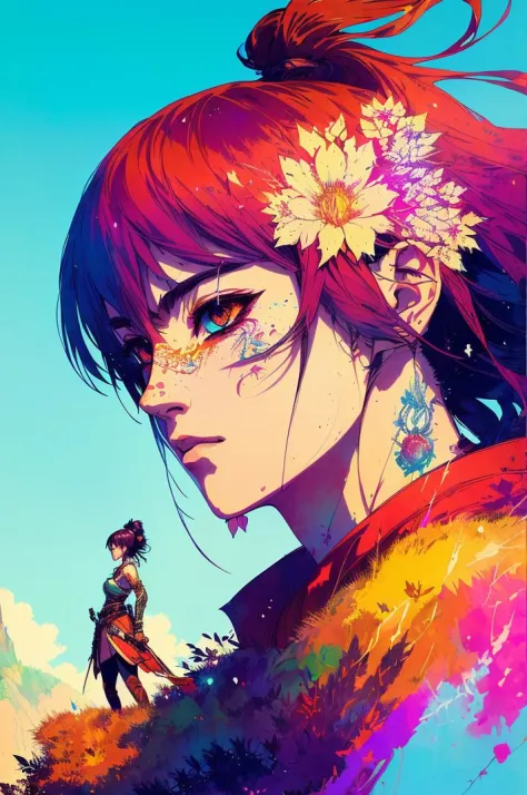 poster of warrior goddess, standing alone on hill< centered, detailed gorgeous face, anime style, key visual, intricate detail, ...