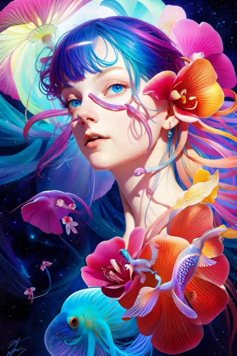 _james jean, goddess portrait roses, jellyfish flying, orchid, betta fish, bioluminescent, BREAK
| beautiful night sky | photo manipulation| beautiful composition, colorful and vibrant, mystical colors, contemporary impressionism, yanjun cheng portrait painting, iridescent painting, 3/4 perspective view, cute face, low angle, (the most beautiful portrait in the world:1.5) BREAK
UHD, HDR, 8K, (Masterpiece:1. 5),