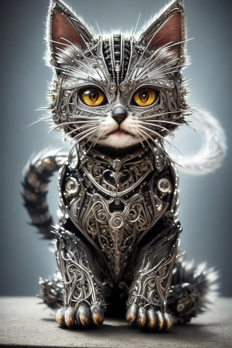 estilo de contraste to8, un lindo gatito ahumado hecho de metal, (cíborg:1.2), ([cola | decolaed wire]:1.3), (intricate decolas), HDR, (intricate decolas, hyperdecolaed:1.2), toma cinematográfica, viñeta, centrado, por juego callejero, (el retrato más bello del mundo:1.5)