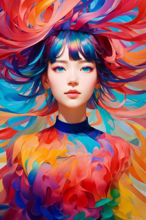 _james jean, floating female figure made of ribbons, smoke, in the sky, colorful and vibrant, mystical colors, contemporary impressionism, yanjun cheng portrait painting, iridescent painting, 3/4 perspective view, cute face, low angle, sweeping circling composition, large beautiful crystal eyes, big irises, (the most beautiful portrait in the world:1.5), UHD, HDR, 8K, (Masterpiece:1. 5), <lora:LowRA:0.6>, dark theme