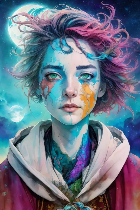 beautiful night sky | photo manipulation| beautiful composition,Kim Jung Gi portrait painting, watercolor, hdr, chromatic aberration, anton fadeev, carne griffiths, sexy cloak, green eyes, lips, moonpunk, vibe, hydrokinesis, koi pond, castle, (the most beautiful portrait in the world:1.5)