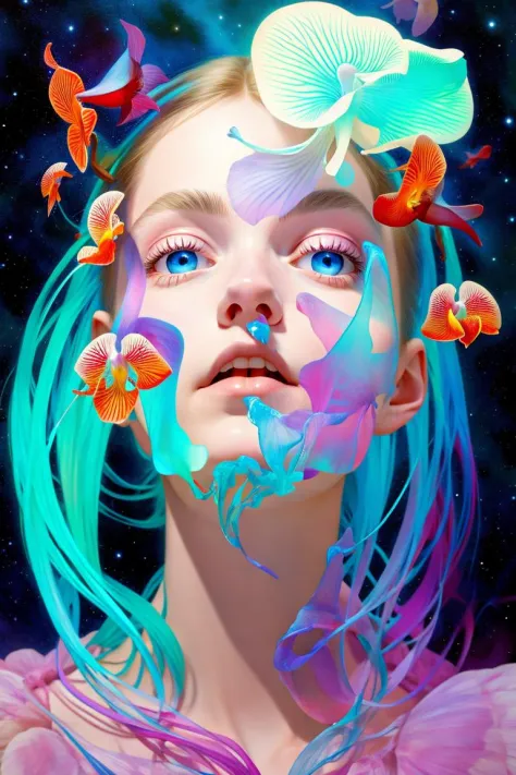 _james jean, goddess portrait roses, jellyfish flying, orchid, betta fish, bioluminescent, break
| beautiful night sky | photo m...