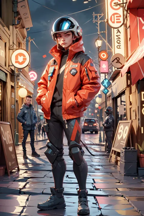 ((realistic, detailed, masterpiece:1.2)), ((RAW full body portrait of a man wearing fantastic technohelmet with red triangle LED light)), wearing black techwear jacket, standing in the middle of the street posing for photo, ((hands in jacket's pockets)), depth of field, rich detailed street, street signs, store signs, neon signs, highly detailed, intricate detail, , ,