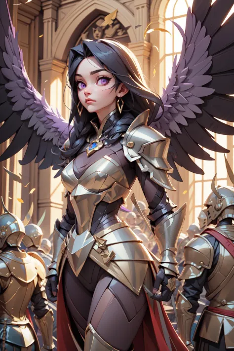 Highres, best quality, extremely detailed, female knight, armor, feathered Wings, flying, purple eyes, overlooking an army, horror style, area lighting, hourglass_figure, HD, 8k