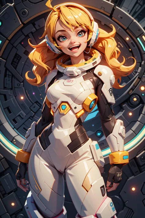 ((best quality, masterpiece)), ((style-swirlmagic):0.3), ((black leather futuristic spacesuit)),red neon lit, (smiling), headphones , open mouth, 1girl, blonde hair, wavy hair, (cameltoe), a white parts of mechanical female, looking at viewer, soft colors, black background,  ,