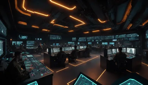 cinematic_angle, best quality, masterpiece, highly detailed, ultra-detailed, 
<lora:neg4all_bdsqlsz_V3.5:-1>, 
<lora:cic:0.75>, (cic:1.3), science fiction, interior futuristic command center, men seated working at consoles, military jumpsuits with boots, colorful led monitors, control panels with embedded touchscreen user_interface pads, hologram