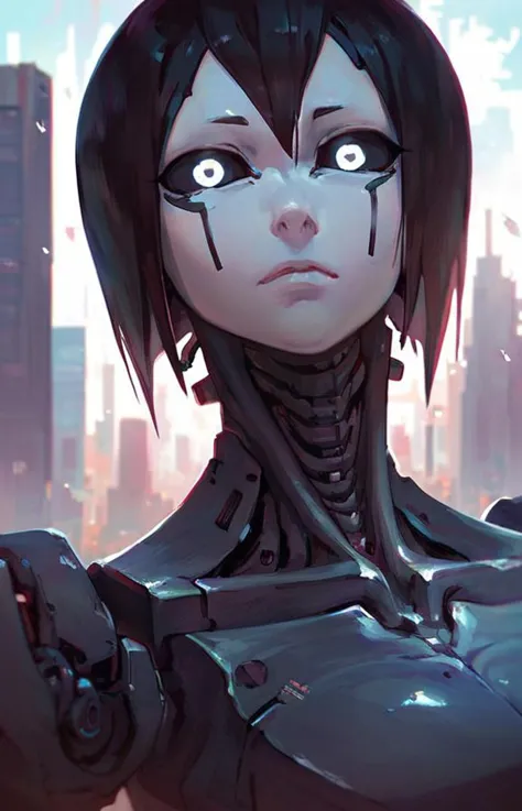 a close up of a person with a futuristic face and a city in the background