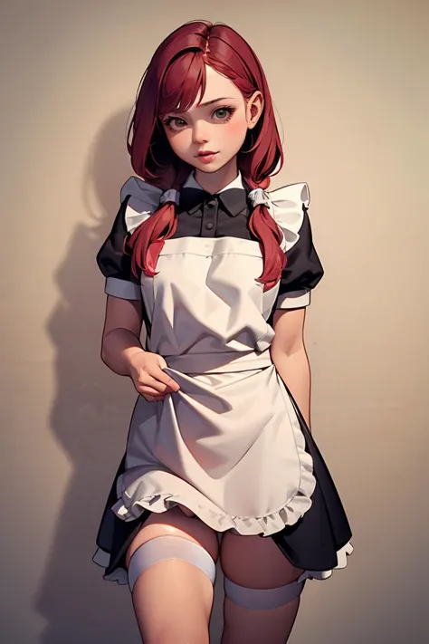 a close up of a woman in a maid outfit posing for a picture