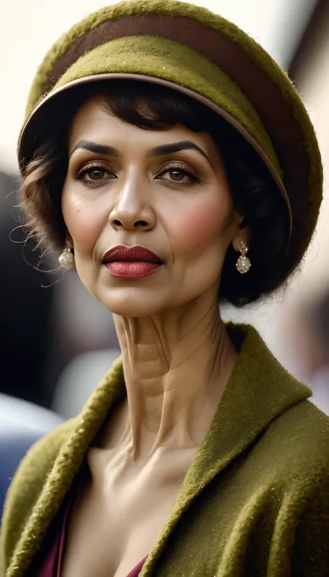 a close up of a woman wearing a green hat and a green coat