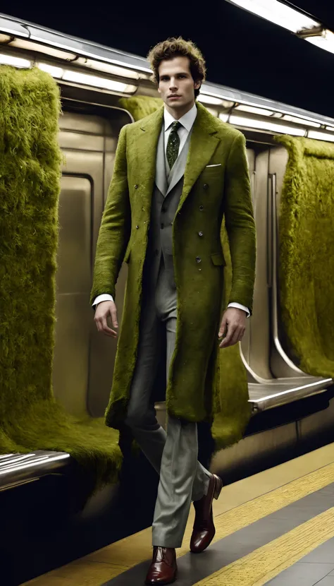 arafed man in a green coat and tie walking on a subway