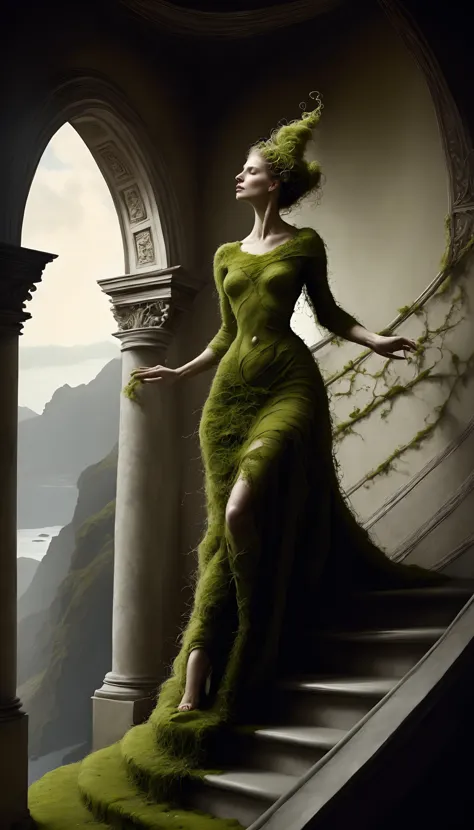 a woman in a green dress is walking up a set of stairs