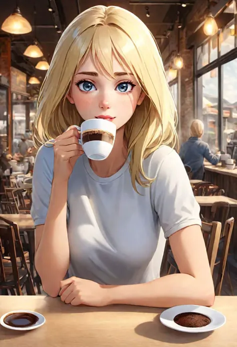 (masterpiece)
a beautiful blond girl drinking coffee, 
coffe shop background, 
HDR, 8k, trending on artstation,