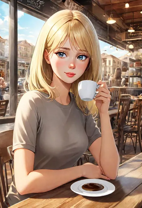 anime girl with blonde hair and blue eyes drinking coffee