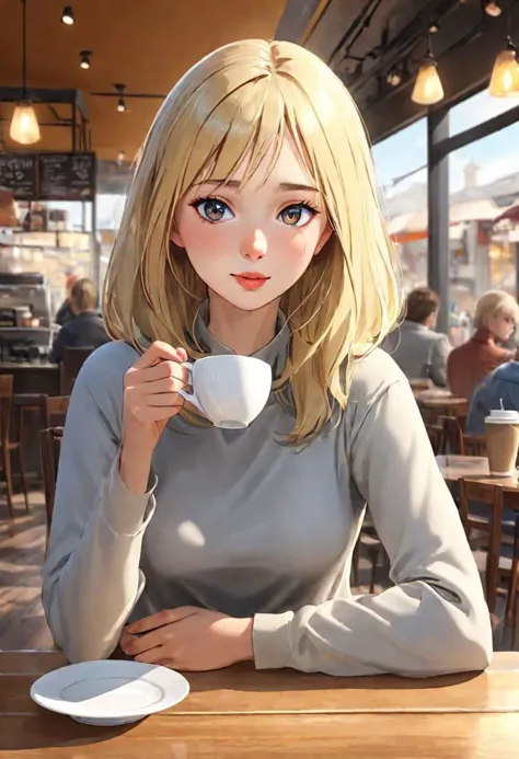 a woman sitting at a table with a cup of coffee