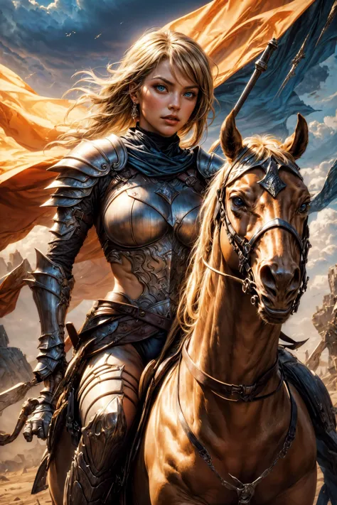 fierce female warrior on horseback, wide angle shot, scenic background, high detail, epic, realistic, cinematic lighting, dynami...
