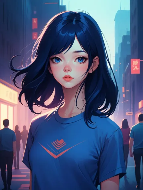 colegiala urbana con camisa fanart, pelo largo azul oscuro, colores apagados, impresión mate, colores pasteles, florido, arte digital, pintura digital, arte de fan, elegant, estación de arte, por Ilia Kuvshinov