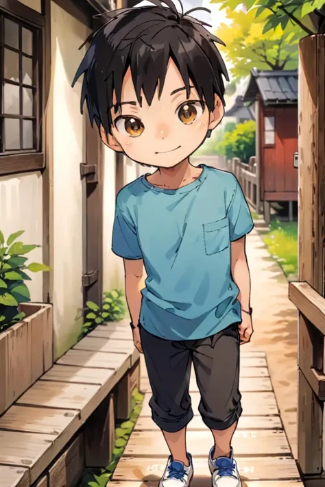 a cartoon boy standing on a walkway in front of a house