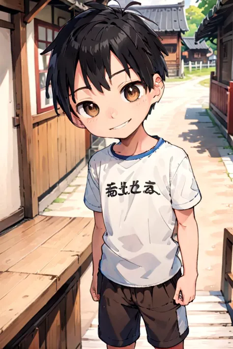 <lora:cutifiedanimecharacterdesign_variant_type_D_SDXL_v10:0.7>
type-d, solo, looking at viewer, smile, short hair, shirt, black hair, 1boy, brown eyes, male focus, male child, wooden village, full shot, sneakers