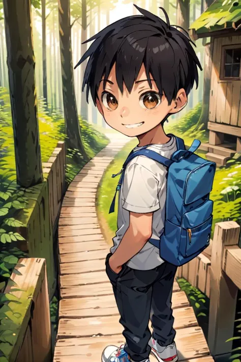 a boy with a backpack standing on a wooden walkway in the woods