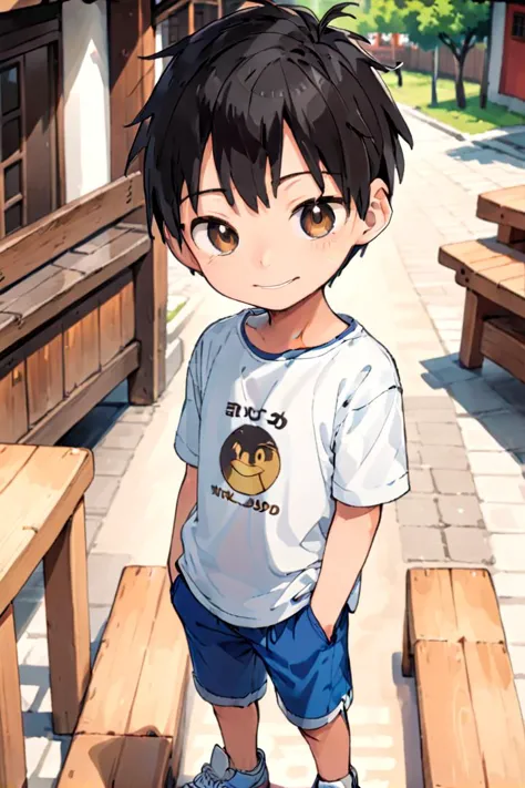 anime boy standing on a bench in front of a building