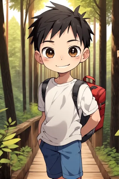 <lora:cutifiedanimecharacterdesign_variant_type_D_SDXL_v10:0.7>
type-d, solo, looking at viewer, smile, short hair, shirt, black hair, 1boy, brown eyes, male focus, male child, wooden village, forest, full shot, sneakers, (straight on;1,2), front facing viewer, outside, bagpack