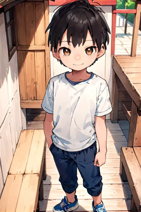 <lora:cutifiedanimecharacterdesign_variant_type_D_SDXL_v10:0.7>
type-d, solo, looking at viewer, smile, short hair, shirt, black hair, 1boy, brown eyes, male focus, male child, wooden village, full shot, sneakers