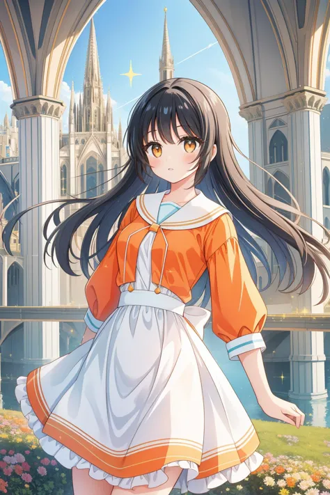 anime girl in orange and white dress standing in front of a castle