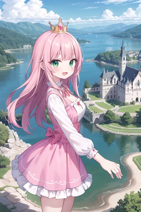 insanely detailed, absurdres, ultra-highres, ultra-detailed, best quality,
1 girl, solo, nice hands, perfect hands,
BREAK,
(wearing princess dress), teara,
happy smile, laugh, open mouth,
standing,
from side, cowboy shot, looking at viewer,
BREAK,
slender, kawaii, perfect symmetrical face, ultra cute girl, ultra cute face, ultra detailed eyes, ultra detailed hair, ultra cute, ultra beautiful,
BREAK,
fantasy world, (castle in background, lake:1.3), (very wide, panorama view, sense of depth, magnificent view:1.3)
BREAK,
princess girl, pink hair, green eyes, medium breasts