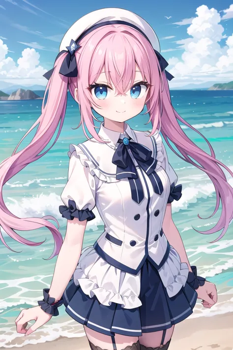 insanely detailed, absurdres, ultra-highres, ultra-detailed, best quality,
1girl, solo, nice hands, perfect hands
BREAK
(nsfw:-1.5),
(gothic drress, Idol costume:1.3), (pink and white theme:1.2), (white blouse:1.4), (white collar, tie:1.3), (open short-cape:1.3), (short sleeve:1.2), (pink tartan-check pattern (ruffle-skirt, multilayer-skirt):1.4), (white basque-beret with ribbon:1.3), (Fishnet stockings:1.3), (glove:1.2), (cleavage:-1.5)
BREAK
happy smile, laugh, closed mouth,
from below,
cute pose, cowboy shot, looking at viewer
BREAK
slender, kawaii, perfect symmetrical face, ultra cute girl, ultra cute face, ultra detailed eyes, ultra detailed hair, ultra cute, ultra beautiful
BREAK
(at seashore, seaside, coast, beach, tropical, sky, blue ocean:1.2), depth of field, ultra detailed background, (very wide, panorama view, sense of depth, magnificent view:1.3)
BREAK
medium large breasts
BREAK
red hair, blue eyes, twintail, hair between eyes