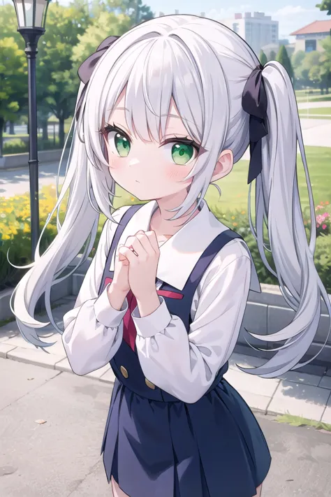 anime girl with long white hair and green eyes standing in front of a lamp post