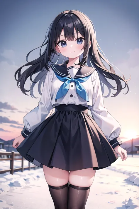 anime girl in a short skirt and a white shirt standing in the snow