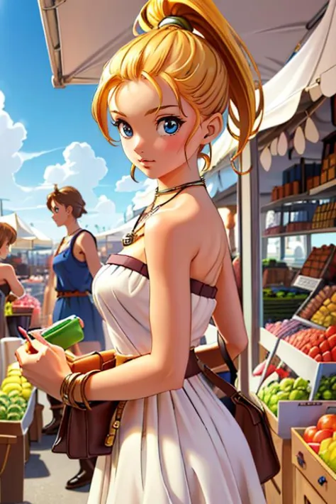 (masterpiece, best quality, highres, absurdres, ultra-detailed:1.3), 1girl in a (busy farmer market), <lora:marle:0.6>((marle, solo, pendant, ponytail, strapless dress, nadiaoutfit)), <lora:toriyama_akira_3:0.4>toriyama akira