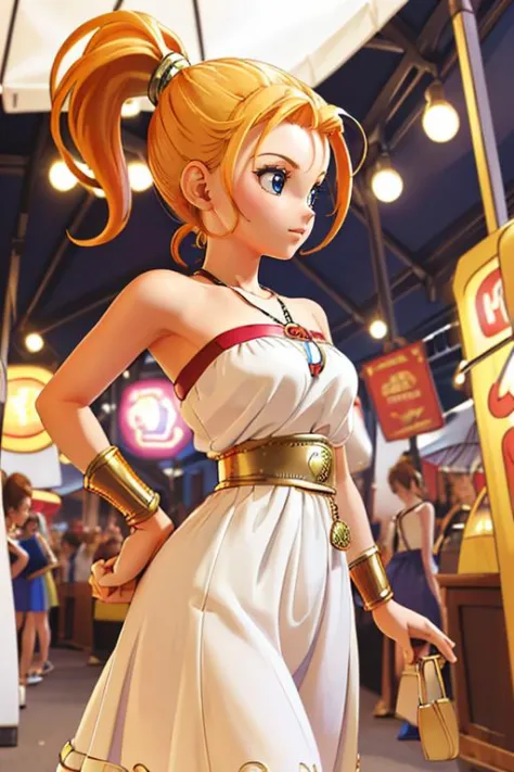 (masterpiece, best quality, highres, absurdres, ultra-detailed:1.3), 1girl in a (busy festival fair), <lora:marle:0.6>((marle, solo, pendant, ponytail, strapless dress, nadiaoutfit)), <lora:toriyama_akira_3:0.4>toriyama akira