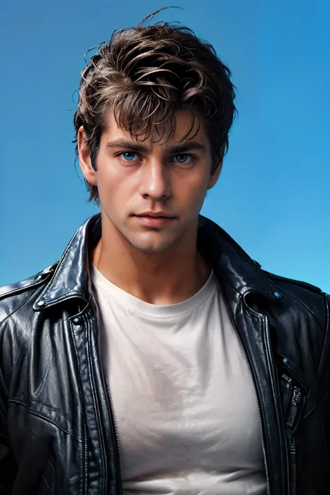 a close up of a man in a leather jacket with a white shirt