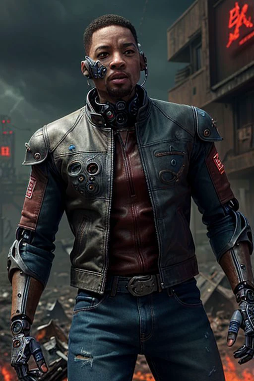 Will Smith as a киборг, Носить красную кожаную куртку, рваные джинсы, (пулевое отверстие), (Поврежденный), (механические части), (роботизированное раскрытие), ((одиночная механическая рука)), держит футуристический пистолет, киборг, ((рваная куртка)), ((киборг eye)), рваная одежда, научная фантастика, сеттинг пустоши, 
красивый, шедевр, Лучшее качество, ((взрослый)), очень детальное лицо, идеальное освещение, Один, фотореалистичный, здесь пусто, гипердетализированный, ультрареалистичный, ковбойский выстрел, ((действие ВЫСТРЕЛ))